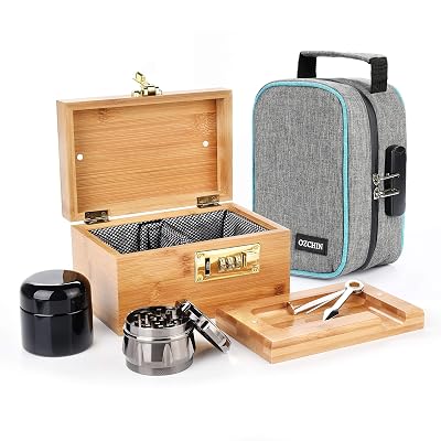OZCHIN Smell Proof Set Include Smell Proof Bag, Combo Stash Box, Glass Stash Jar, Herb Grinder