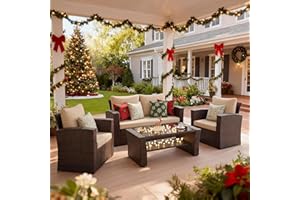 Wisteria Lane 4 Piece Patio Furniture Set, Wicker Outdoor Patio Conversation Furniture Set, All Weather Outdoor Patio Sofa with Cushion and Glass Table, Brown