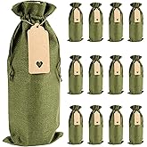 BUNCHBRAVO 12 Pack Burlap Wine Bags with Gift Tags and Jute Rope, Rustic Drawstring Wine Bottle Bags for Weddings, Parties, and Holidays, Olive Green