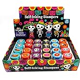 TINYMILLS Day of The Dead Stamp Set – 24 Pcs Self-Inking Stamper Kit with Sugar Skull & Floral Designs Día de Los Muertos Party Favors, Classroom Prizes, Non-Candy Goodie Bag Fillers