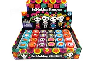 TINYMILLS Day of The Dead Stamp Set – 24 Pcs Self-Inking Stamper Kit with Sugar Skull & Floral Designs Día de Los Muertos Party Favors, Classroom Prizes, Non-Candy Goodie Bag Fillers