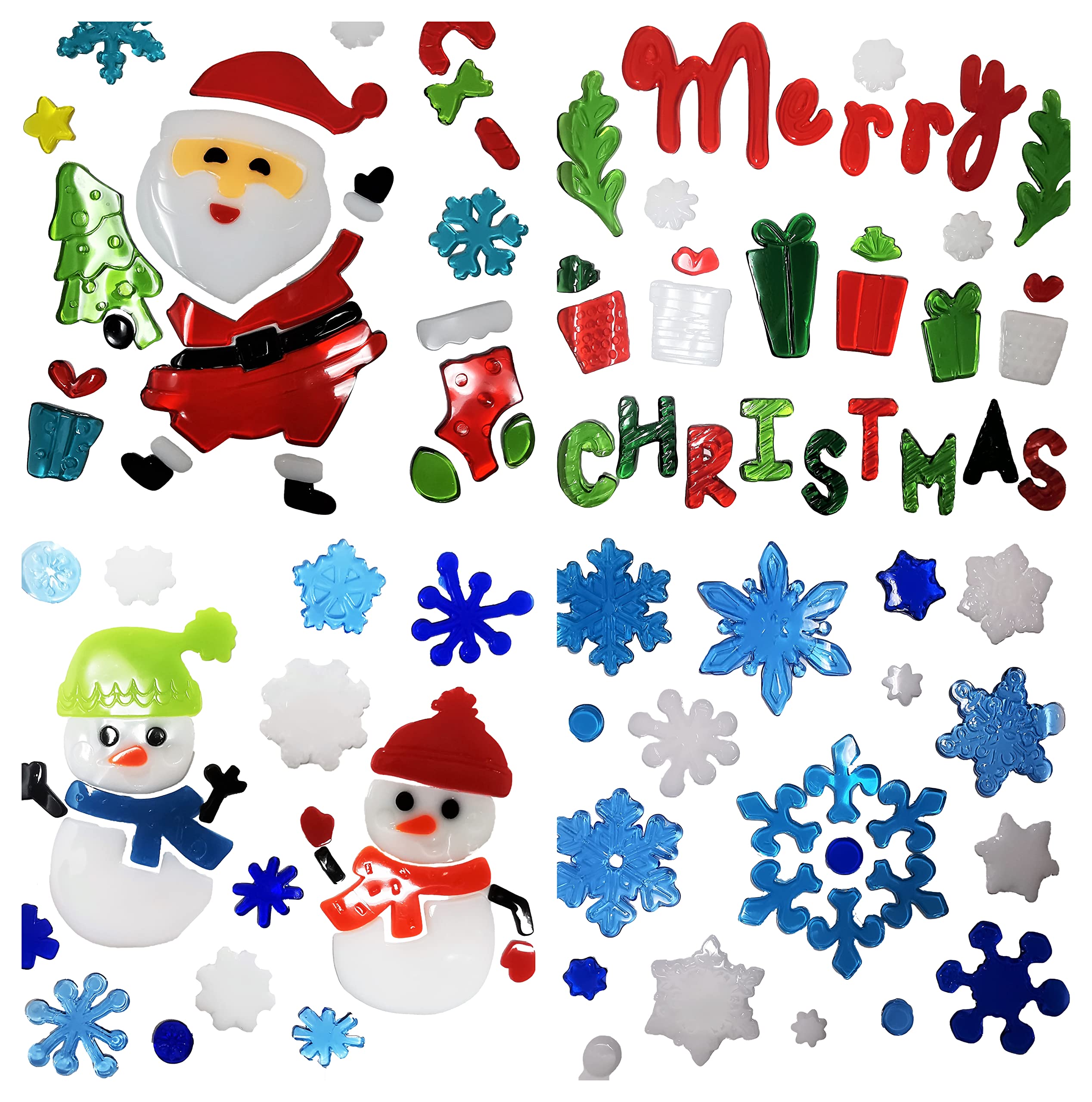Christmas Window Stickers – 4 Sheets of Reusable Christmas Gel Window Clings | Xmas Decorations for Windows, Glass & Mirrors | Santa, Snowman, Snowflakes & Lettering | Festive Reusable Window Decals