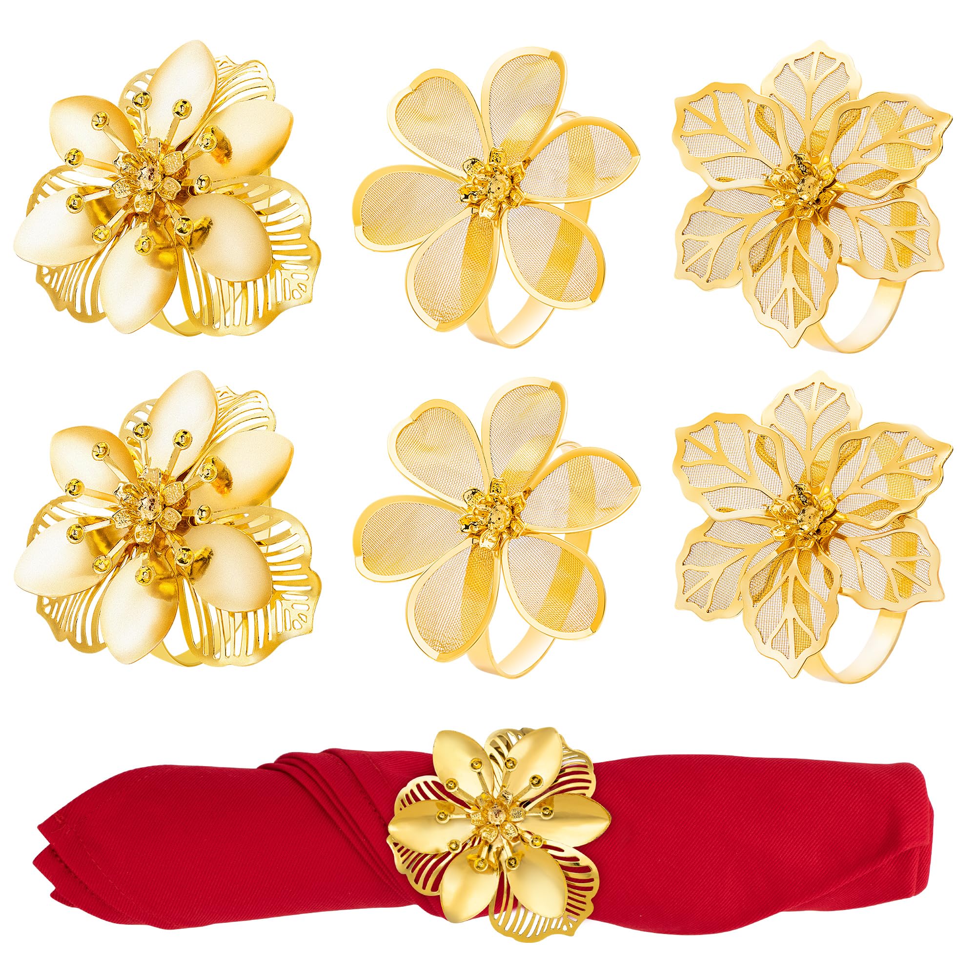 Homotte Gold Flower Napkin Rings Set of 6, Christmas Napkin Rings for Thanksgiving Table Decorations, Christmas Banquet, Daily Receptions