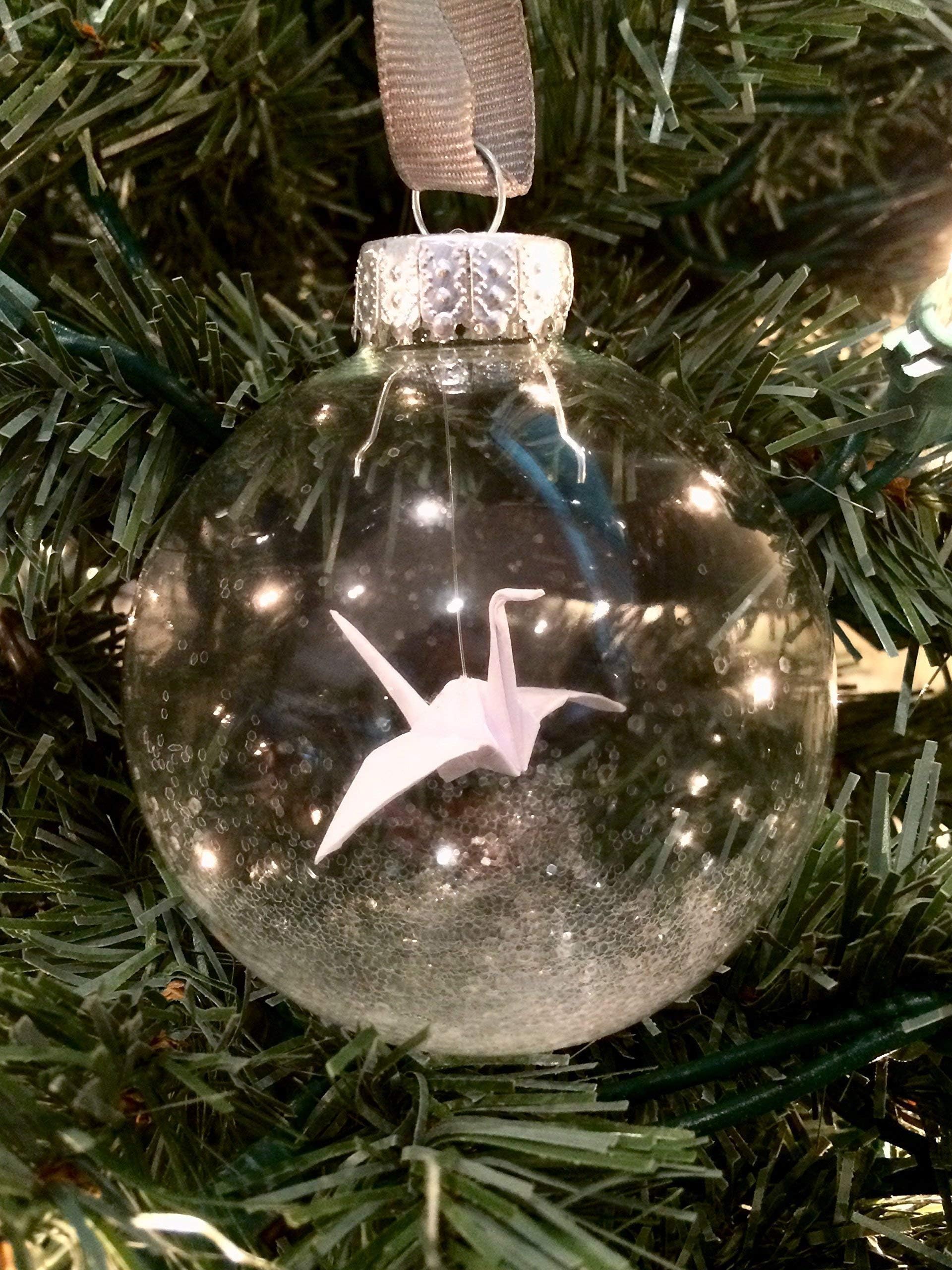 Origami Crane Glass Christmas Ornament Handmade White