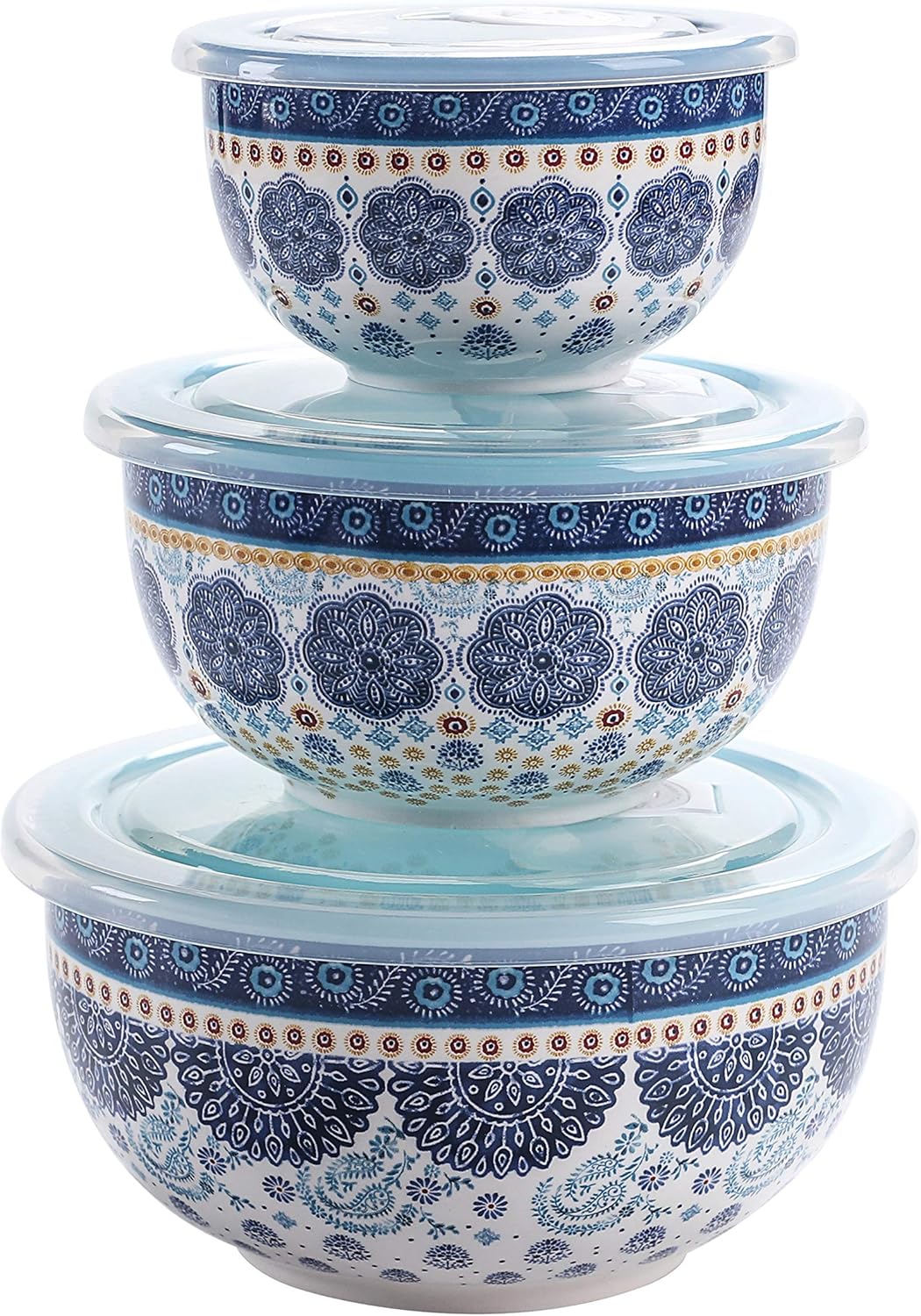 Bico Blue Talavera Ceramic Bowl with Air Tight Lid Set of 3(27oz, 18oz, 9oz each), Prep bowls, Food Storage Bowl for Salad, Snacks, Fruits, Microwave and Dishwasher Safe