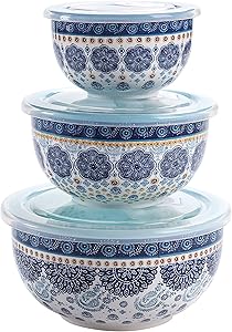 Bico Blue Talavera Ceramic Bowl with Air Tight Lid Set of 3(27oz, 18oz, 9oz each), Prep bowls, Food Storage Bowl for Salad, Snacks, Fruits, Microwave and Dishwasher Safe