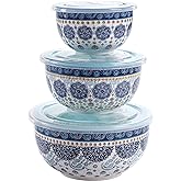Bico Blue Talavera Ceramic Bowl with Air Tight Lid Set of 3(27oz, 18oz, 9oz each), Prep bowls, Food Storage Bowl for Salad, Snacks, Fruits, Microwave and Dishwasher Safe