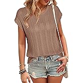Arach&Cloz Womens Summer Crochet Tops 2024 Lightweight Cap Sleeve Crew Neck Knit Fashion Casual Sleeveless Sweater Vest