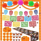 124 Pcs Dia De Los Muertos Decorations Ofrenda Set, Day of the Dead Decor | Papel Picado Banner, Marigold Flowers, Marigold Garland, Monarch Butterflies, Table Runner, Paper Pom Poms for Diwali Indian