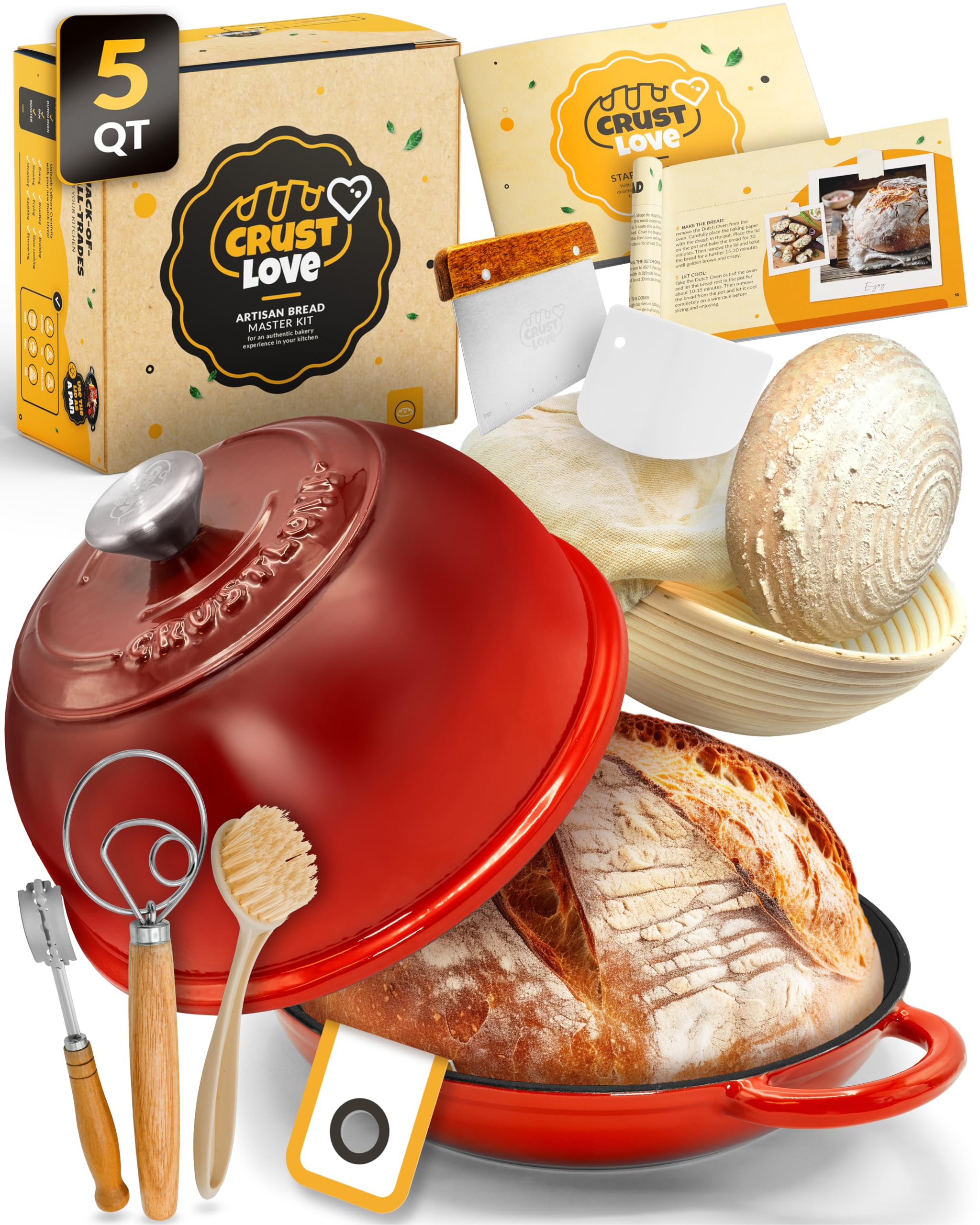 CRUSTLOVE Dutch Oven Bread Baking - 5QT Enamel Bread-Oven - incl Sourdough Bread-Baking Suppliers like Dough Whisk Scoring Lame etc Bread-Dome Cast Iron Bread-Pan with Lid for Sour dough, Bread-making Image