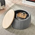 Kakotito Modern Round Storage Ottoman with Wooden Lid,Circle Handmade Coffee Table,End Table & Footstool for Living Room (Dark Gray)