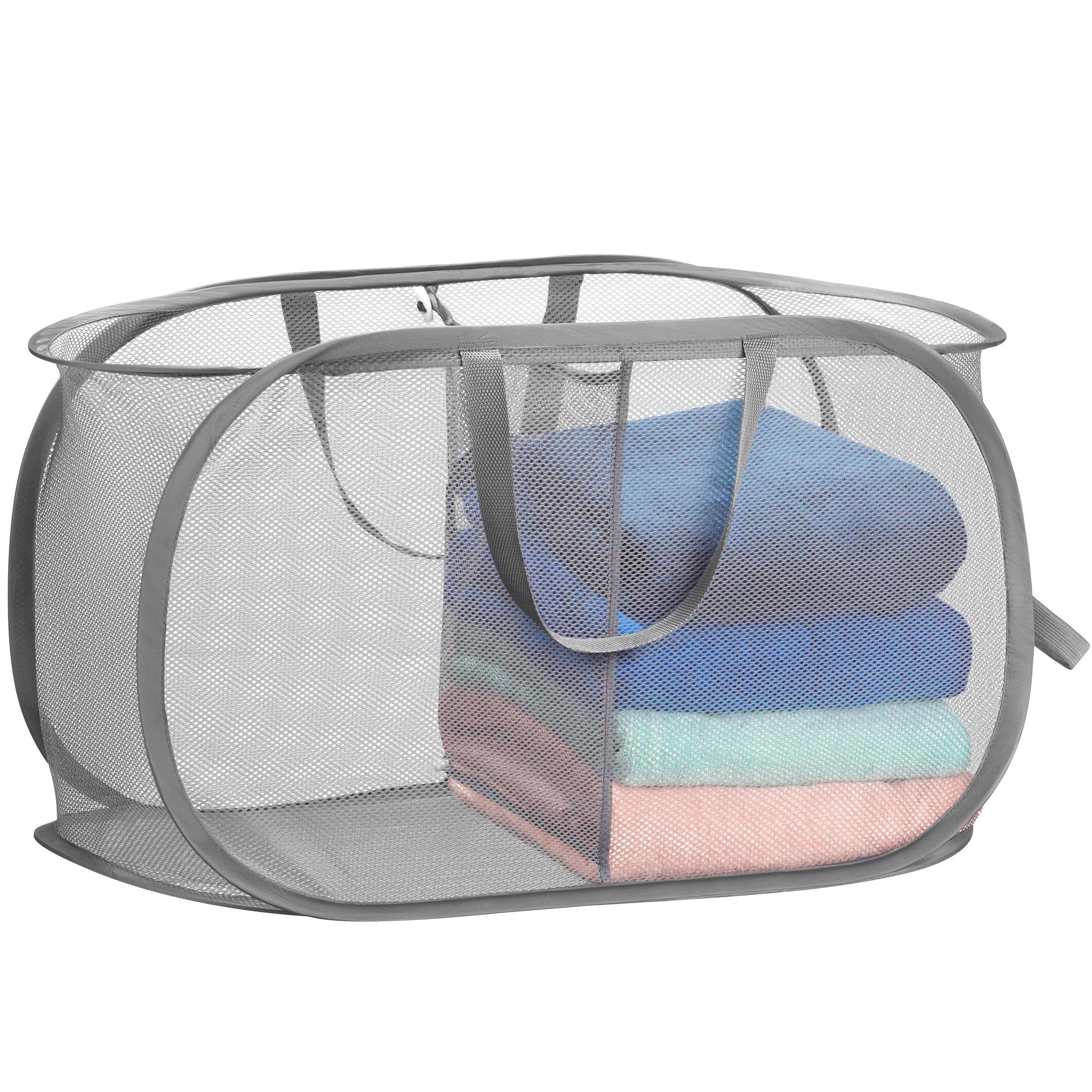 Photo 1 of Foldable Laundry Basket - Popup and Collapsible, Durable Mesh Material, Folds for Storage, Easy Carry Handles. Great Hamper for College Dorm, Laundry Room or Travel. (Grey| 2-Compartments)