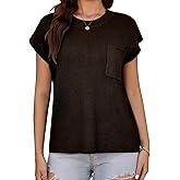 Women's Summer Short Sleeve Sweater with Chest Pocket Ribbed Crew Neck Loose Pullover Top