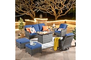 ovios Patio Furniture Set, 7 Piece Outdoor Wicker Swivel Rocking Chairs with Rectangle Propane Fire Pit Table, All Weather High Back Sofa Set, Grey Rattan Denim Blue