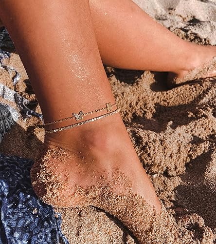 Kenivira 14K Gold Anklet for Women Tennis Butterfly Initial Ankle