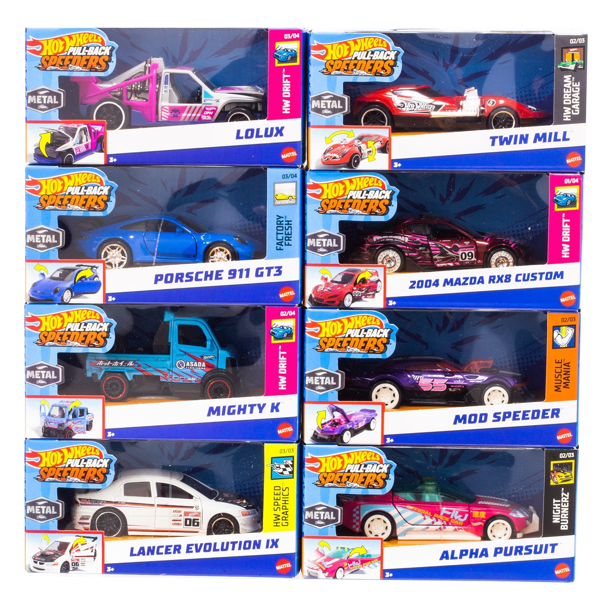 Hot Wheels Pull-Back Speeders Toy Car in 1:43 Scale, Pull Car Backward & Release, High-Performance, Collectible, With Rolomatic Engine or Door, Trunk or Hood that Opens, Models can vary, HPR70