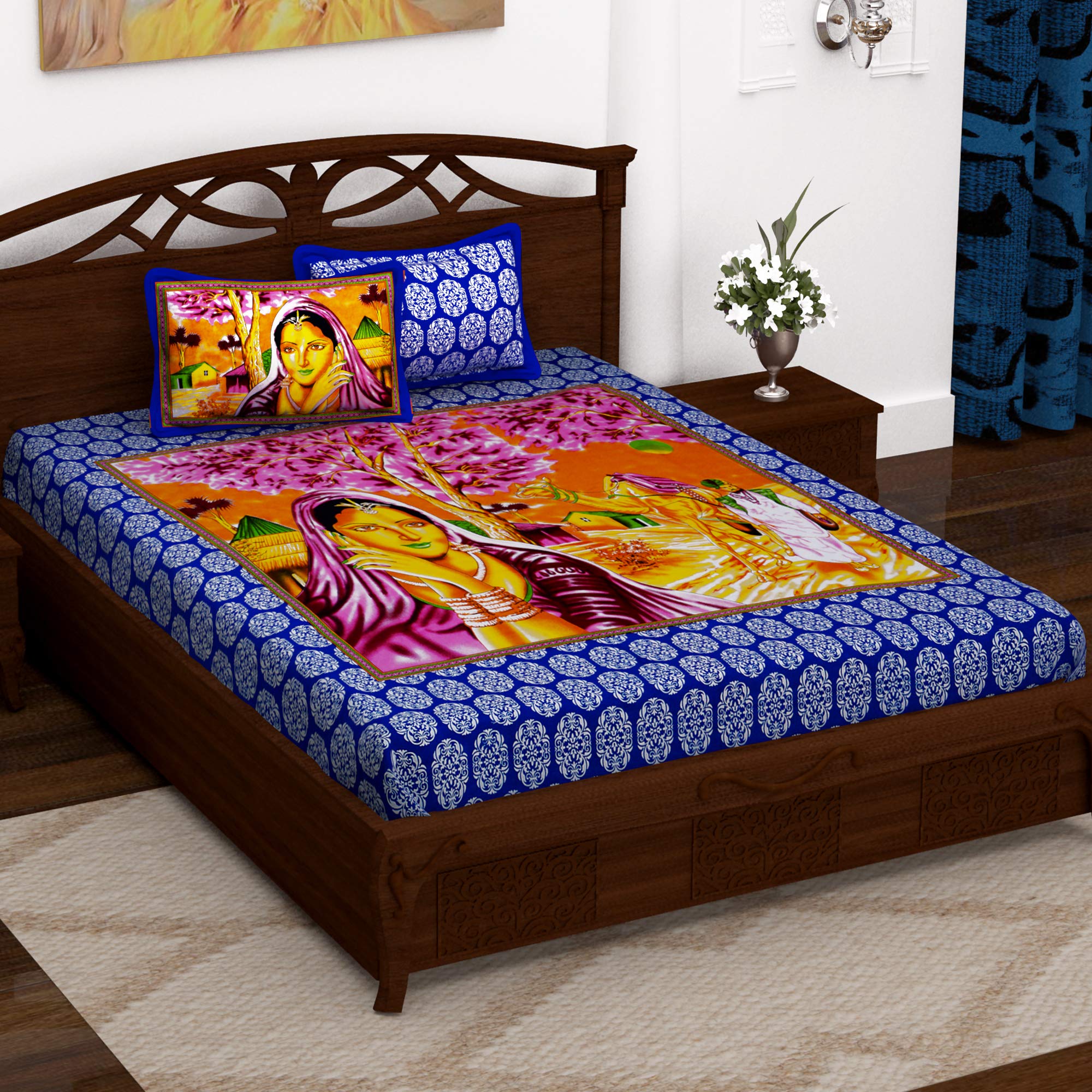 Story@Home Vintage Jaipuri Collection 152 TC Cotton 1 Double Bedsheet and 2 Pillow Cover - Paisley, Blue