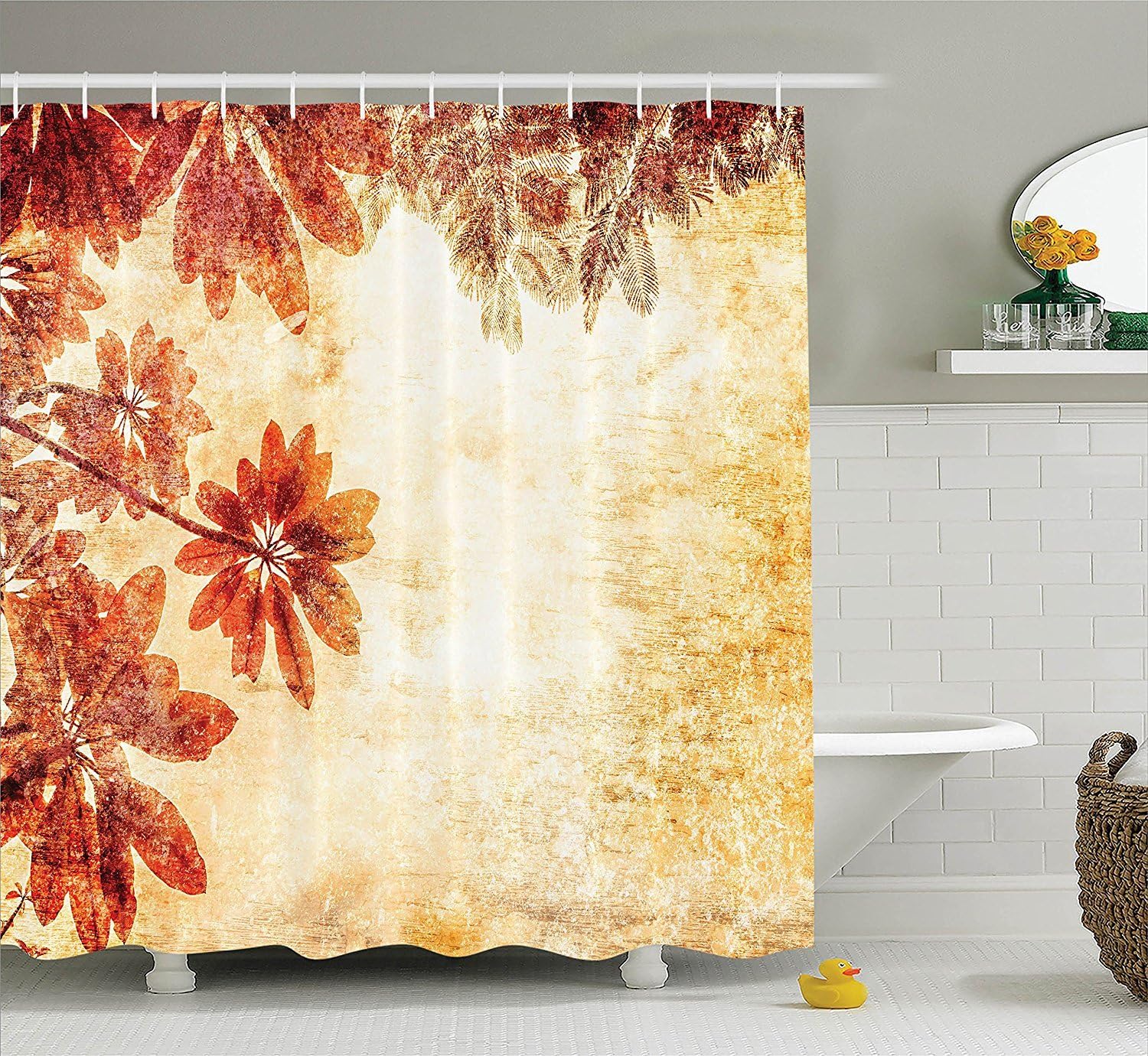 Burnt Orange Decor Shower Curtain Set Dated Leaves Pattern On Vintage Setting Papyrus Nature Autumn Shaded Color Print Bathroom Accessories Cream Orange Amazon Co Uk Kitchen Home