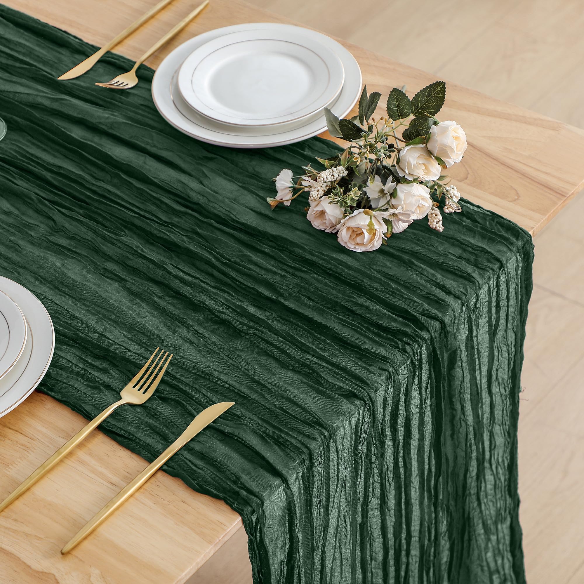 Photo 1 of 2 Pack Emerald Green 10ft Christmas Table Runner, Boho 35x120 Inch Long Gauze Table Runner Decor for Baby Shower, Bridal Shower or Wedding Party