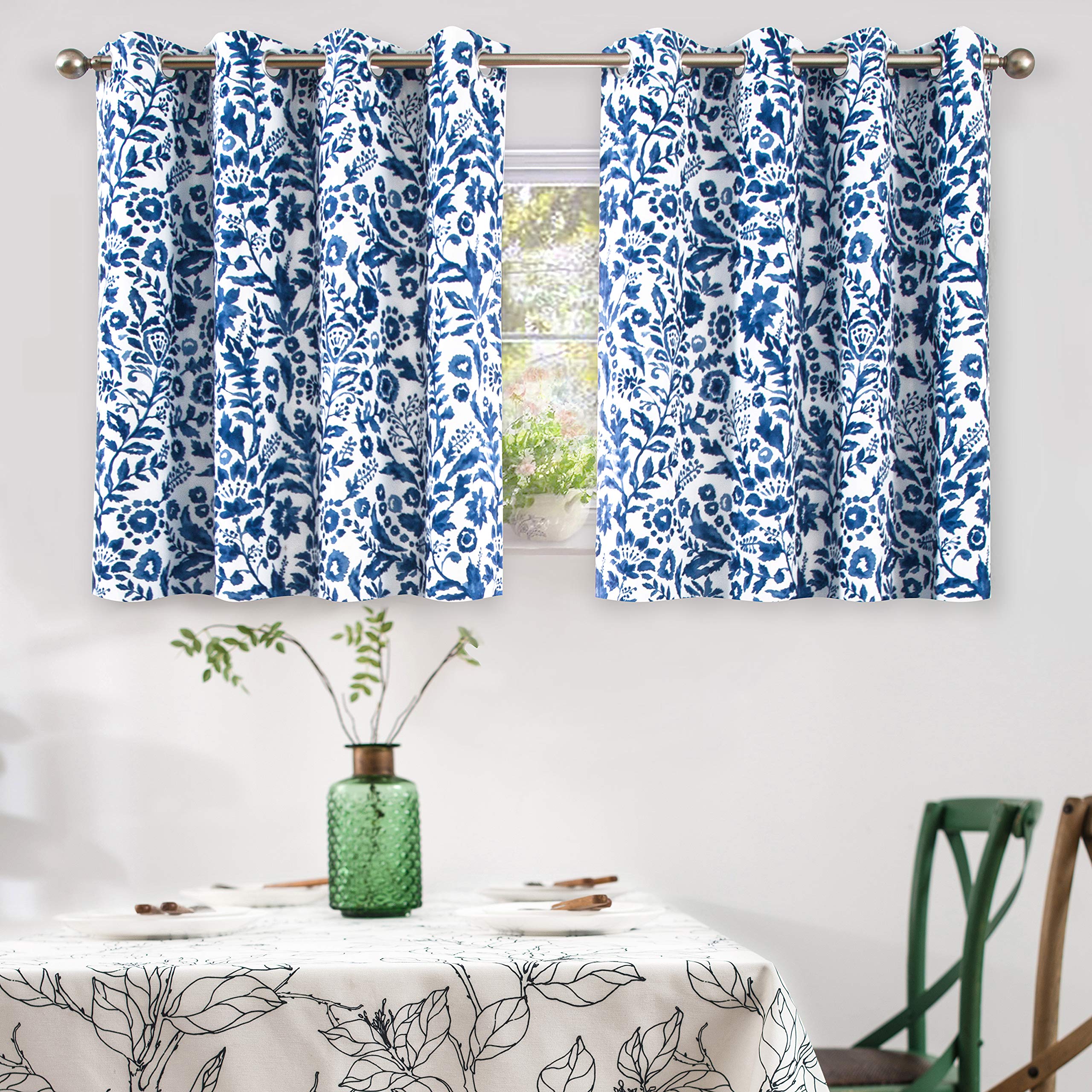 DriftAway Julia Blackout Curtains for Bedroom Navy Floral Watercolor Pattern Double Layer Thermal Insulated Sound Reducing Room Darkening Drapes for Living Room Grommet 2 Panels Each W52 x L36 Navy