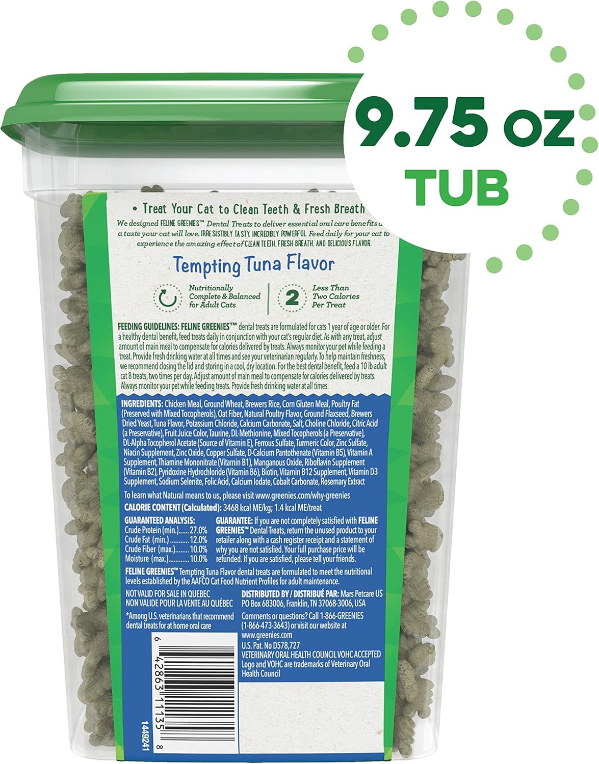 FELINE GREENIES Dental Cat Treats, Tempting Tuna Flavor, 9.75 oz. Tub : Pet Supplies