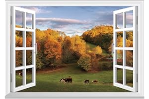 FLFK Fake Window Wall Sticker - Fall Pastures Faux Window Wall Mural for Wall Decor, Stick and Peel Wall Decals,24"x16"