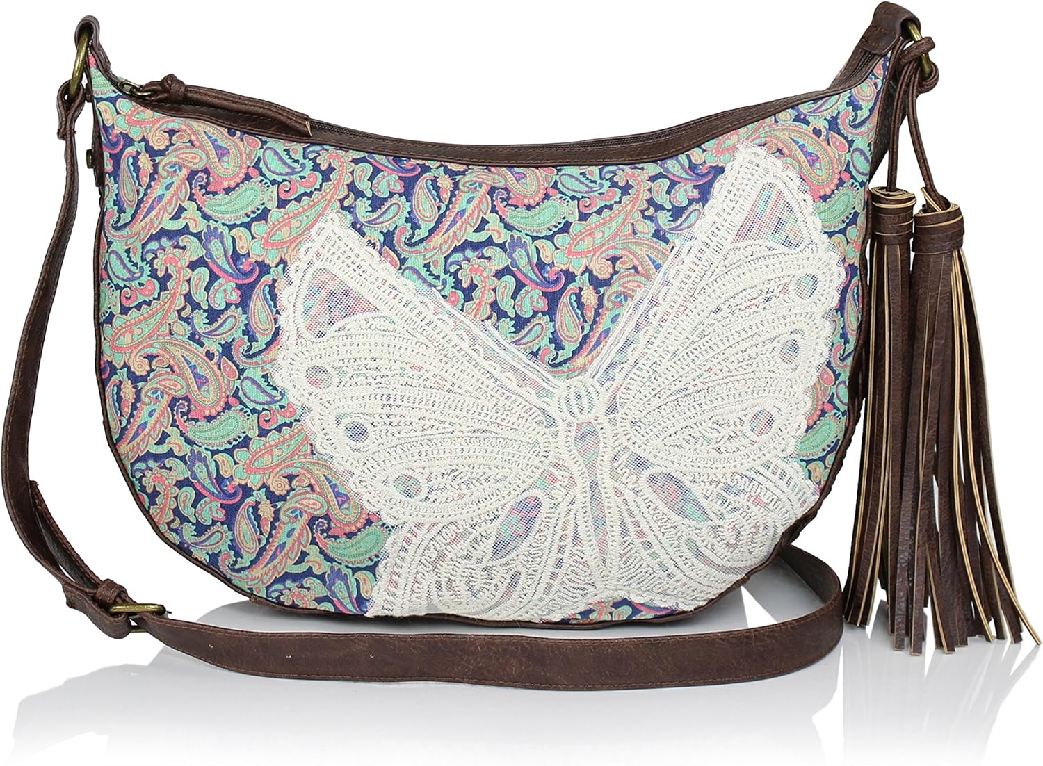 Large Canvas Crossbody, Boho Style Hobo Bag w/ Butterfly