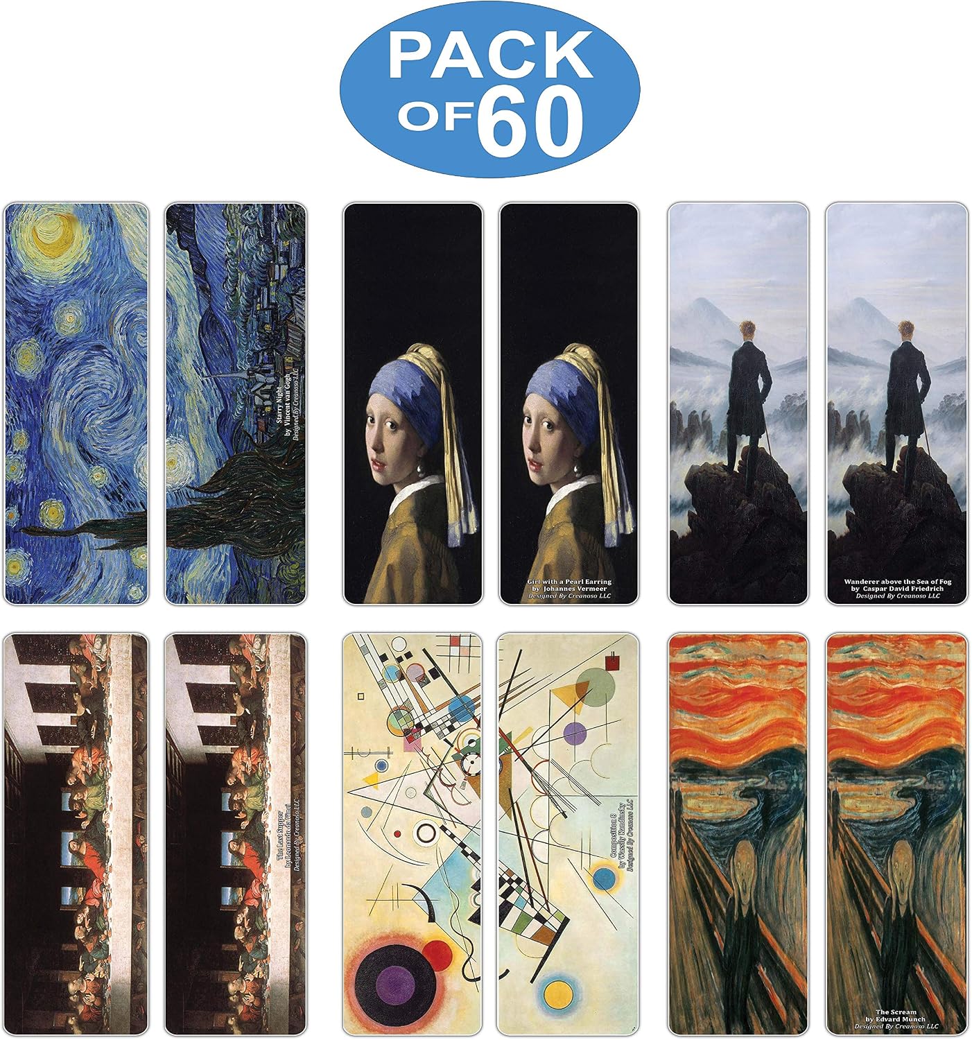Creanoso Famous Classic Arts Series 2 Bookmarks (60-Pack), Van Gogh, Leonardo Da Vinci, Edvard Munch, Johannes Vermeer - Image 3