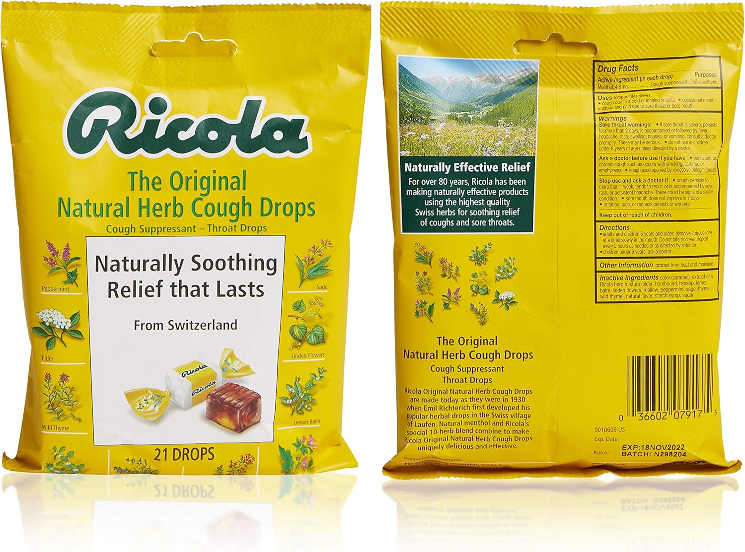 Ricola Cough Suppressant and Throat Drops Variety-Pack, 3-Flavors: Original, Cherry Honey, Honey Lemon with Echinacea: Health & Personal Care