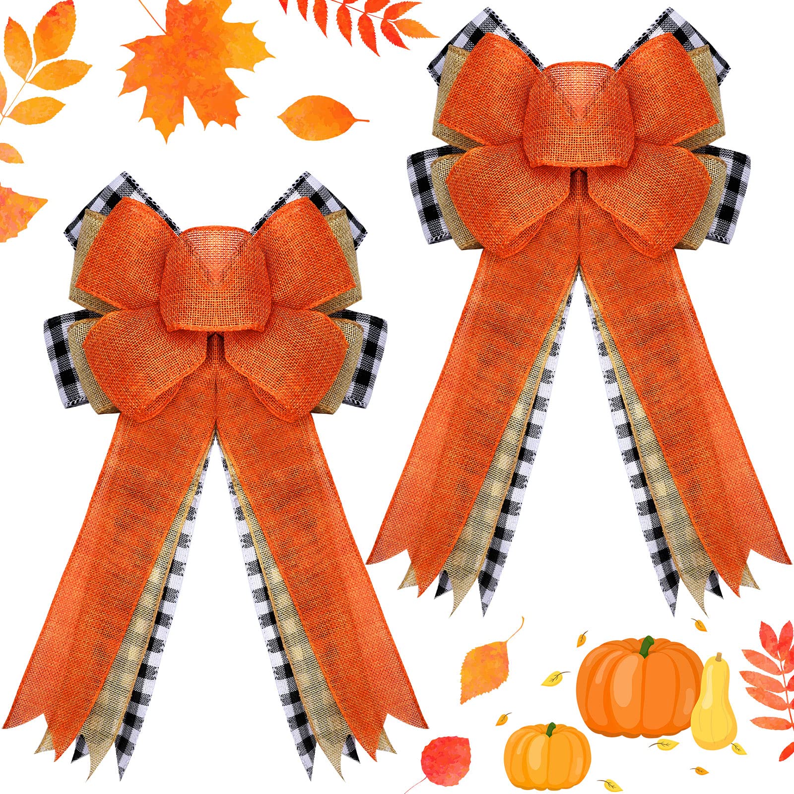 Photo 1 of 2 Pcs Fall Wreath Bow 10 x 18” Large Thanksgiving Wreath Bow Orange Pumpkin Burlap Black White Buffalo Plaid Thanksgiving Tree Topper for Front Door Home Indoor Decor(Classic Style)