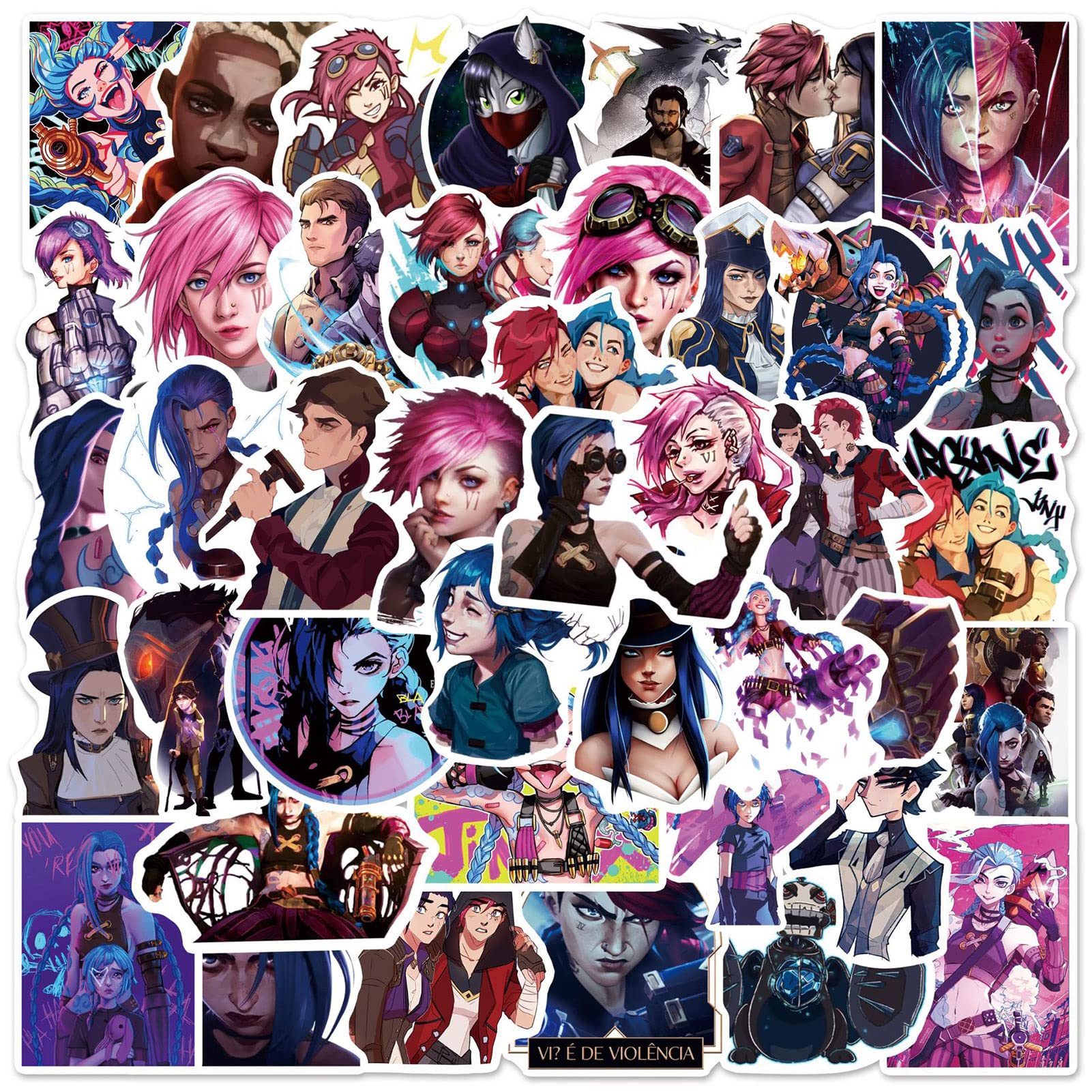 50pcs Arcane Stickers for Kids Teens Adults,Vinyl Waterproof LOL Anime Jinx and Vi Sticker for Water Bottles Cups Laptop Car Phone Case Skateboard Bedroom Wall