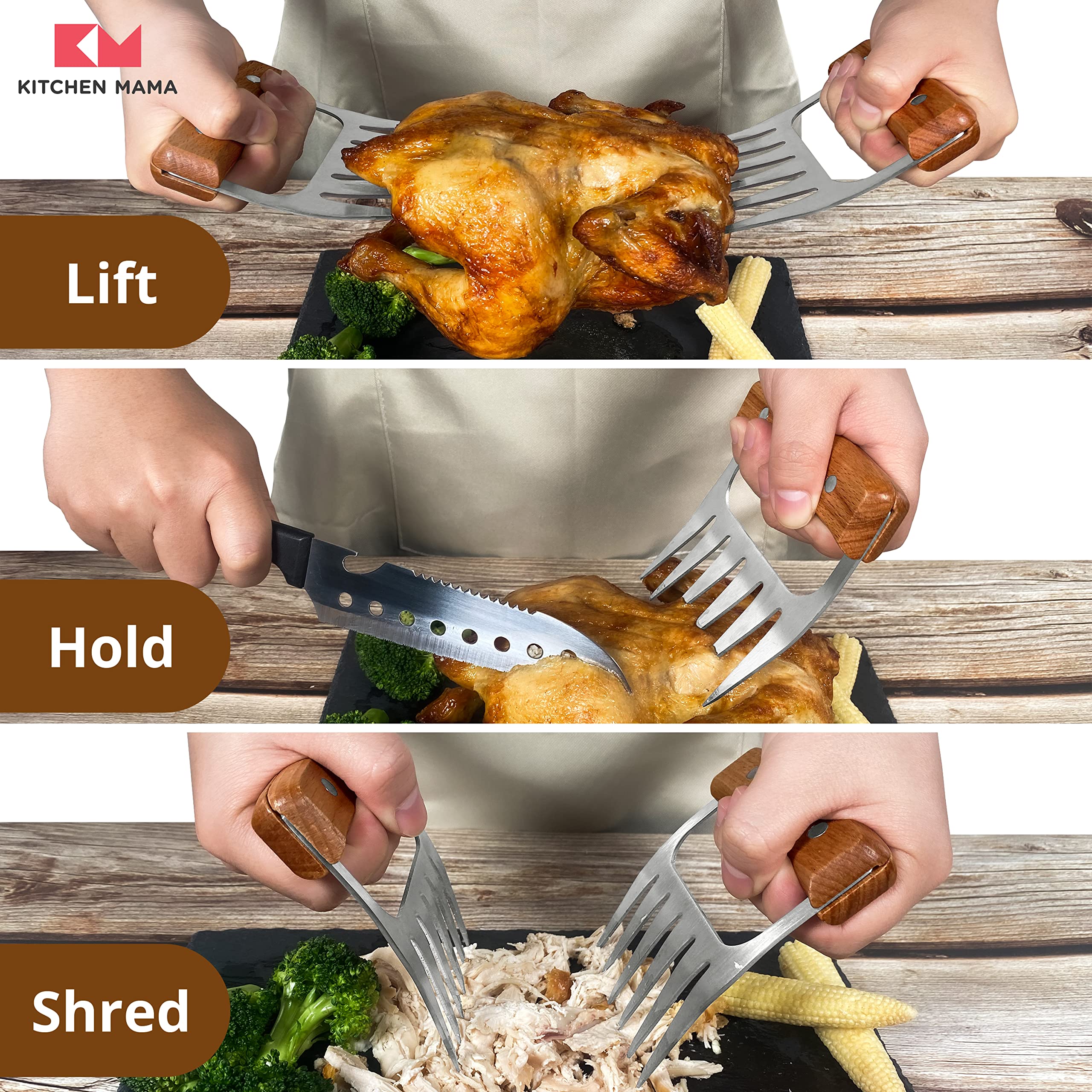 Kitchen Mama Meat Claws: Stainless Steel Shredder Claws with Wooden Handle for BBQ, Shredding, Pulling Pork, Chicken, Beef, and Turkey - Perfect for Grill Masters (1 Pair)