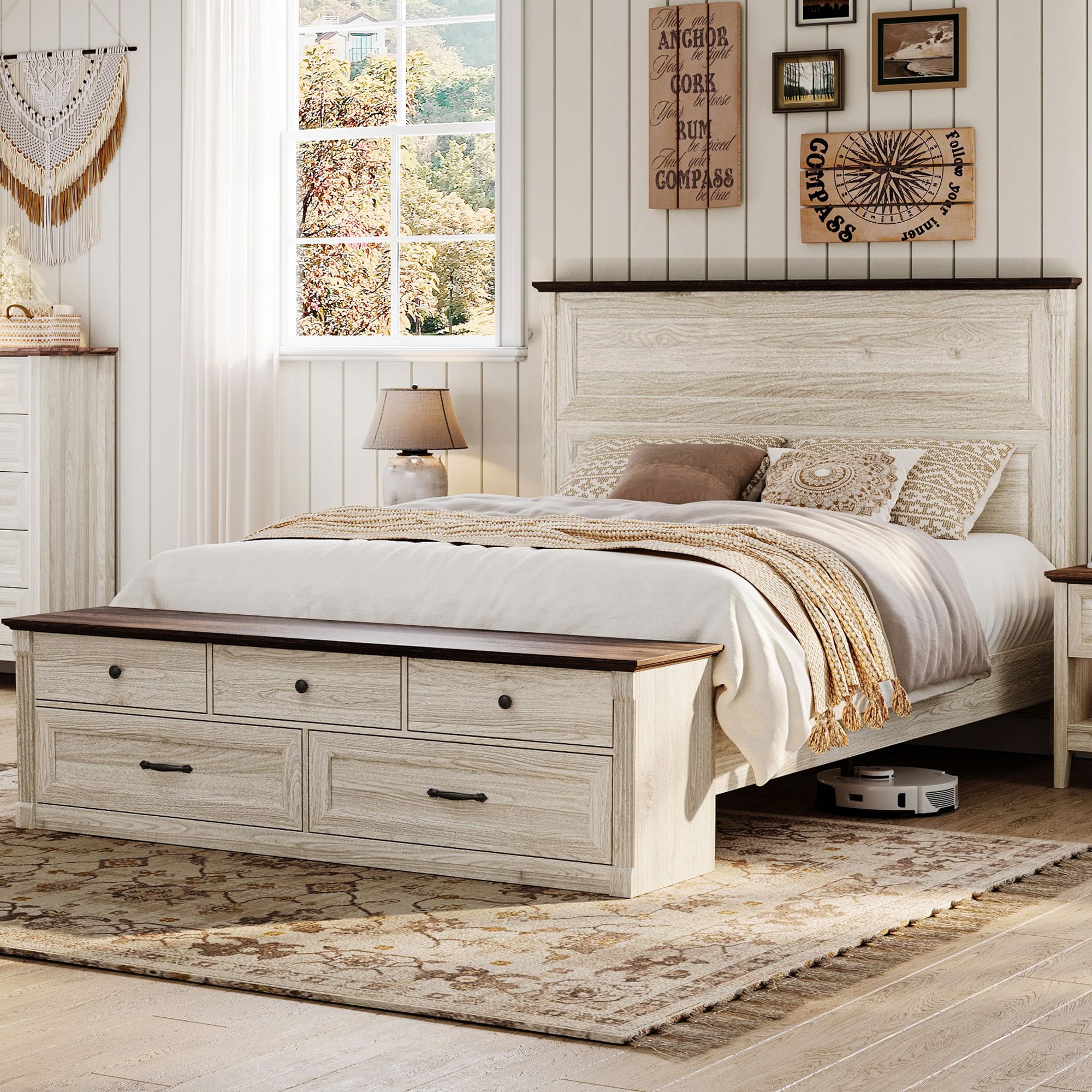 Photo 1 of **PARTIAL SET/BOX 3 OF 3 ONLY/PARTS ONLY/DAMAGE PIECES***LINSY Storage Bed Frame Queen Bedframe with Drawers, Farmhouse Bed Frame Queen-Size with Headboard and Footboard Bench, Tall Bed Frames Wooden Platform Beds with Storage, No Box Spring, Antique Whit