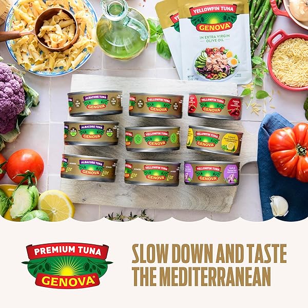 GENOVA PREMIUM YELLOWFIN TUNA IN OLIVE OIL, 5 OUNCE CANS, 8-PACK – NUTRIENT RICH, HIGH PROTEIN CANNED TUNA FISH – DELICIOUS, EASY, NUTRITIOUS READY TO EAT MEALS