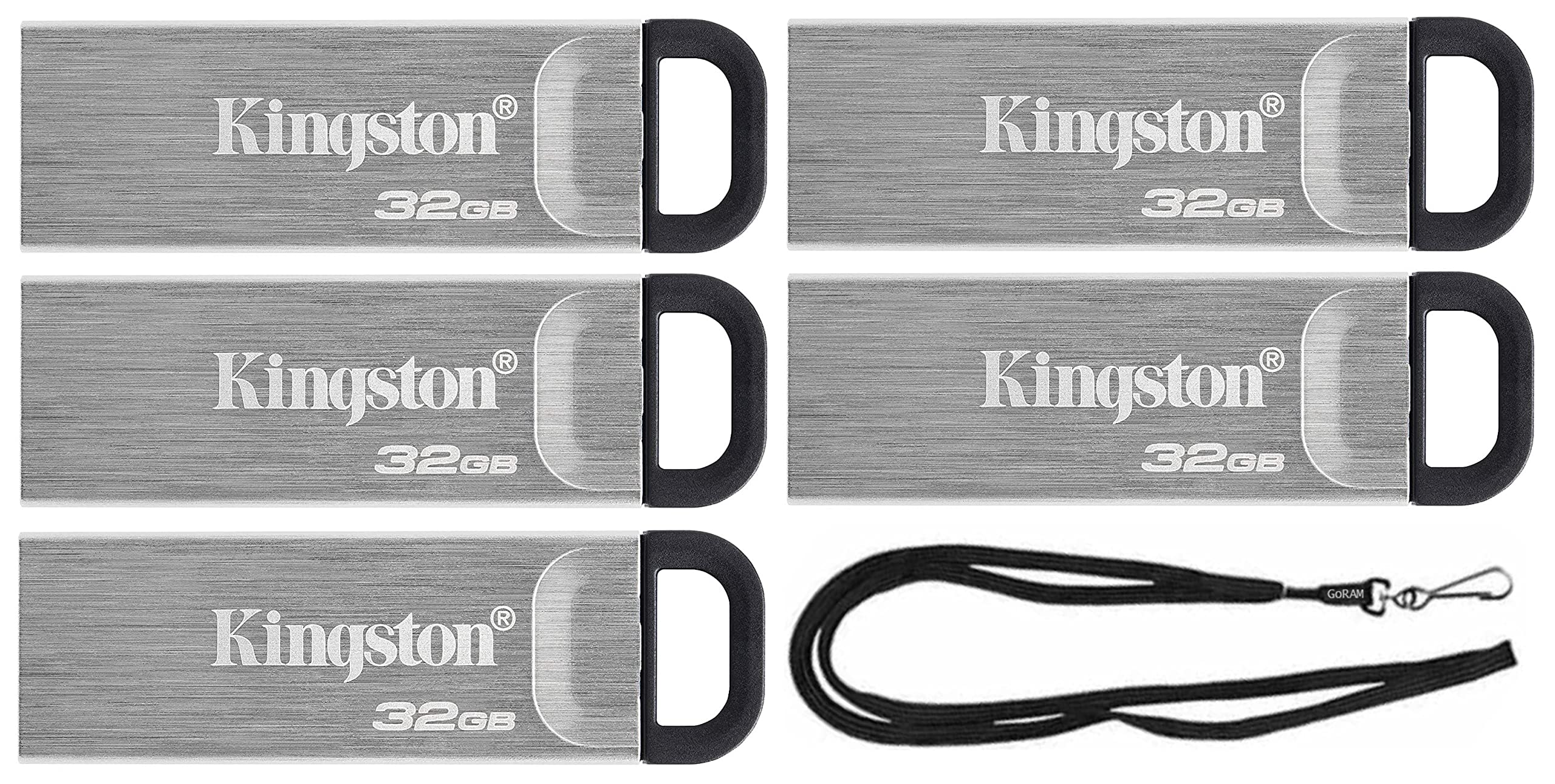 Kingston 32GB DataTraveler Kyson High Performance up to 200MB/s USB 3.2 Metal Flash Drive DTKN/32GB Bundle with (1) GoRAM Black Lanyard (32GB, 5 Pack)