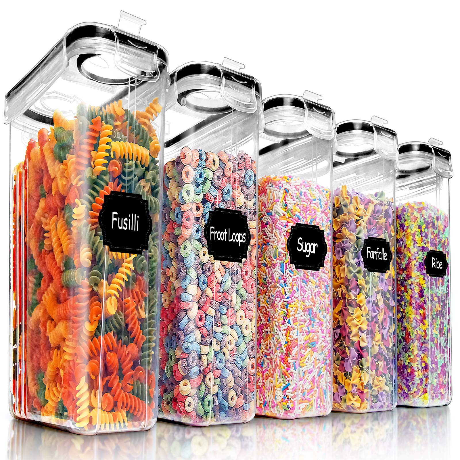 Photo 1 of PRAKI 4PCS Cereal Containers Storage Set, BPA Free Airtight Food Storage Container Set with Lids, Kitchen Pantry Organization and Storage for Sugar, Baking Supplies with 20 Labels & Mark(4L Black)