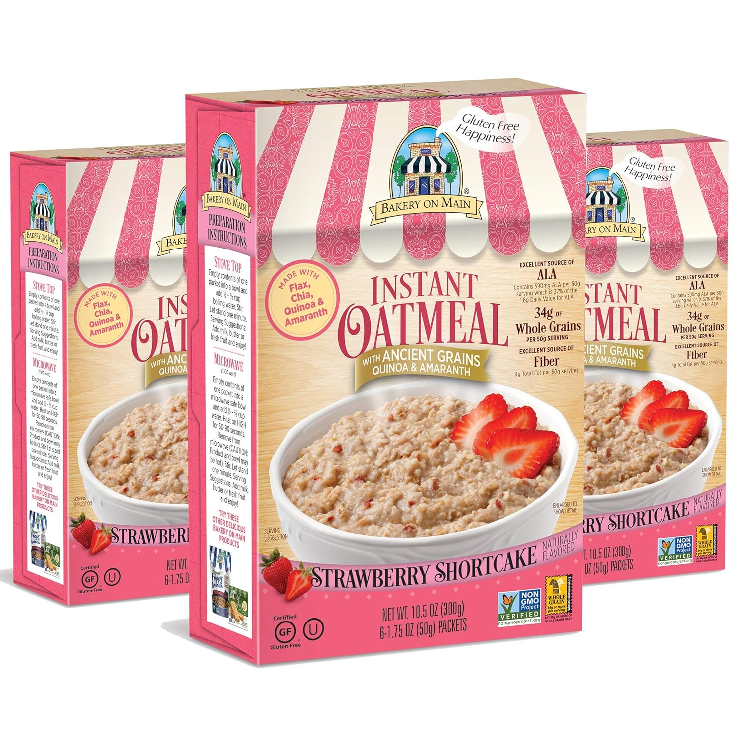 Bakery On Main Gluten-Free, Non-GMO Ancient Grains Instant Oatmeal, Strawberry Shortcake, 10.5 Ounce/6 Count Box (Pack of 3)