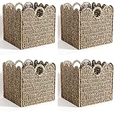 Scalloped Wicker Storage Cubes Basket, 12”x12“ Heavy Duty Paper rope/Hyacinth/Seagrass Baskets for Shelves, Foldable Natural 