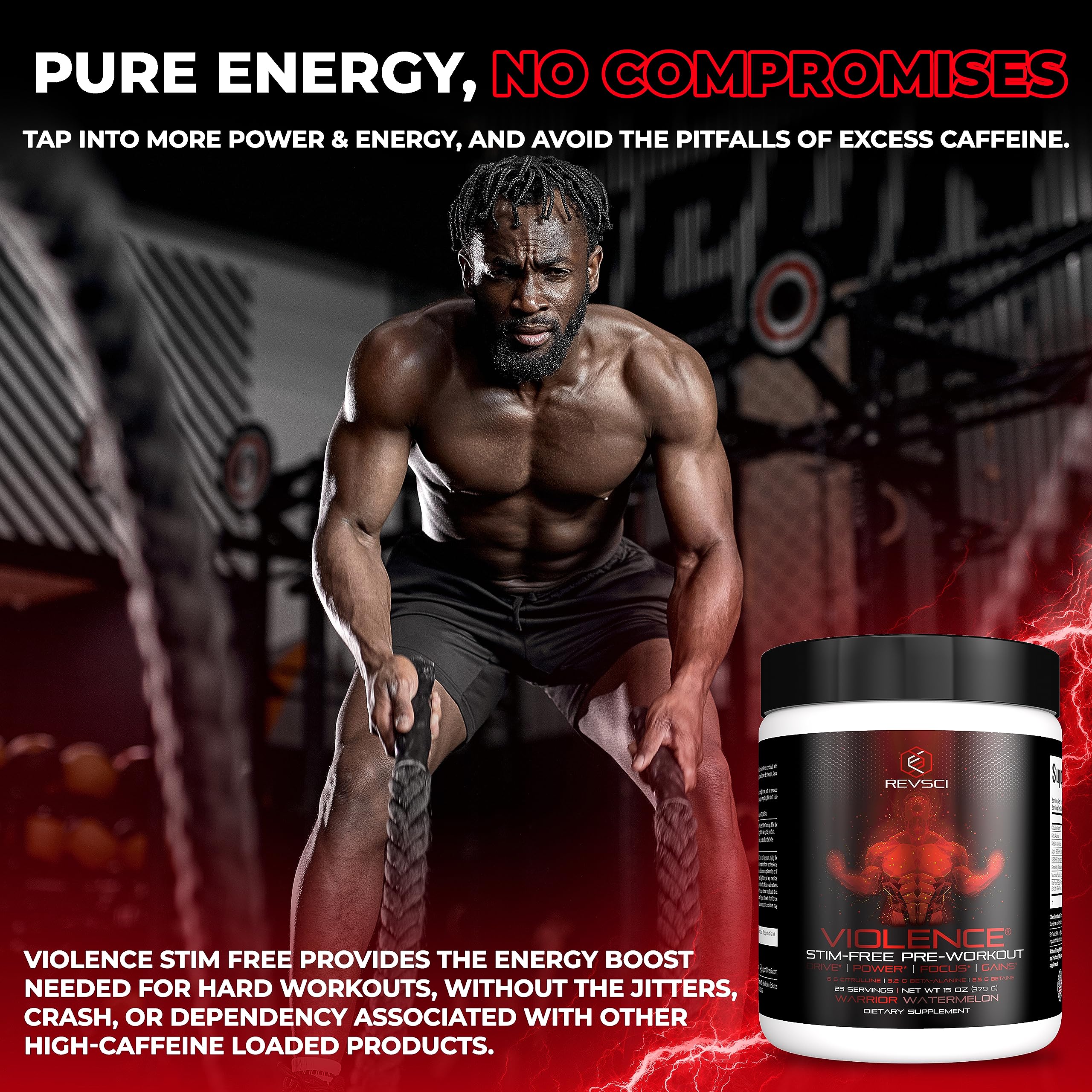 VIOLENCE Stim Free Pre Workout Powder by REVSCI, Precision Dosed Non Stim Preworkout Pump Pre Workout Caffeine Free Pre Workout Powder, Pump Supplement & Stimulant Free Nitric, Watermelon, 25 Servings