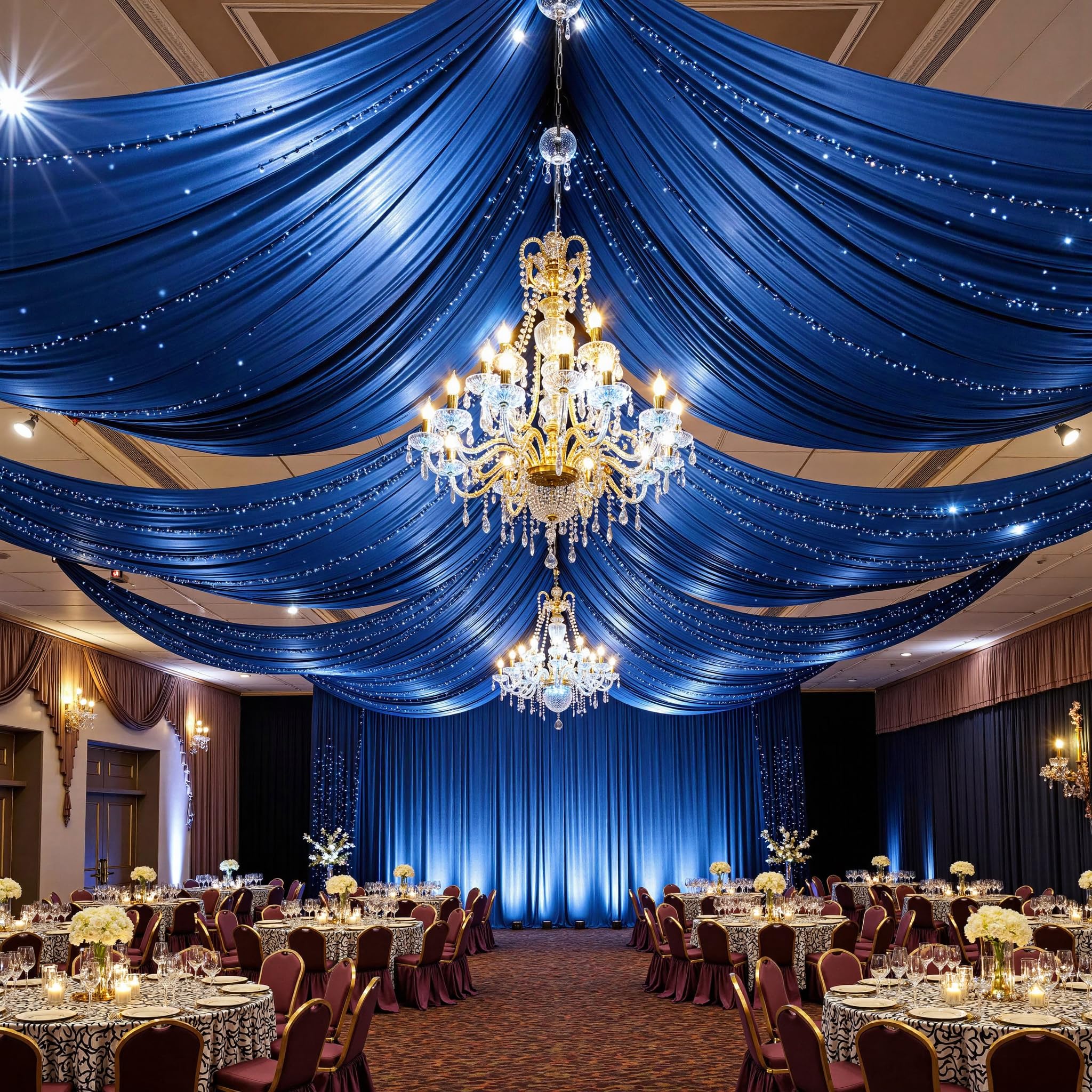 Photo 1 of PartyVillage 2 Panels 5ftx30ft Royal Blue Ceiling Drapes for Wedding Parties – 30 FT Extra Long Thick Polyester Wrinkle-Free Drapery Tent Decor Decorations for Birthday Party Ceremony Stage Swag