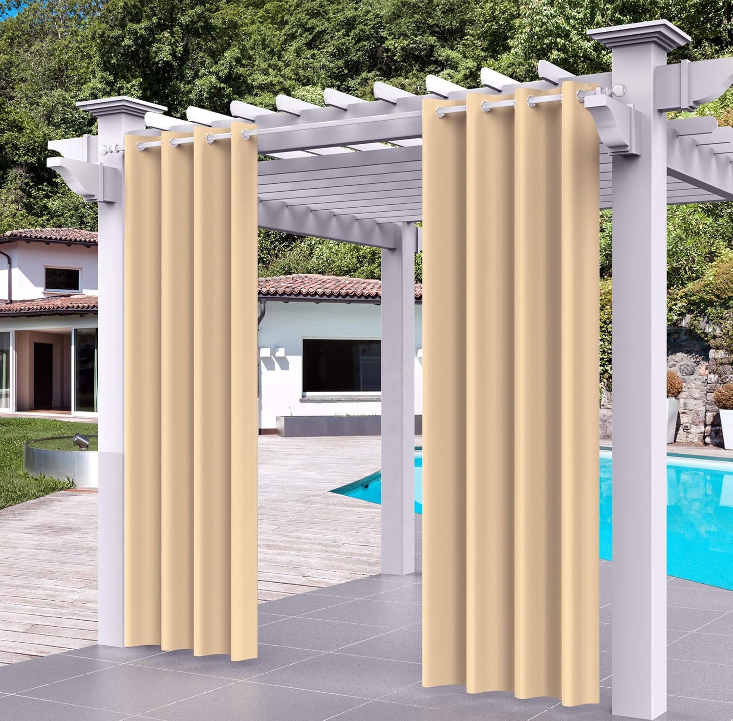 Outdoor Curtains - Deekrain Outdoor Curtains with Grommet, Thermal Insulated Curtain with Tieback Blackout Curtains Privacy Screen Sun Protection for Balcony Porch Pergola Yard Sliding Door, 1 Panel, Beige, 52 × 96