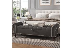 Apicizon 60” Bench with Storage, Upholstered Tufted Button Bedroom Bench with Storage, Faux Leather End of Bed Bench with Rolled Arms, Storage Ottoman Bench for Bedroom, Living Room, Entryway, Gray
