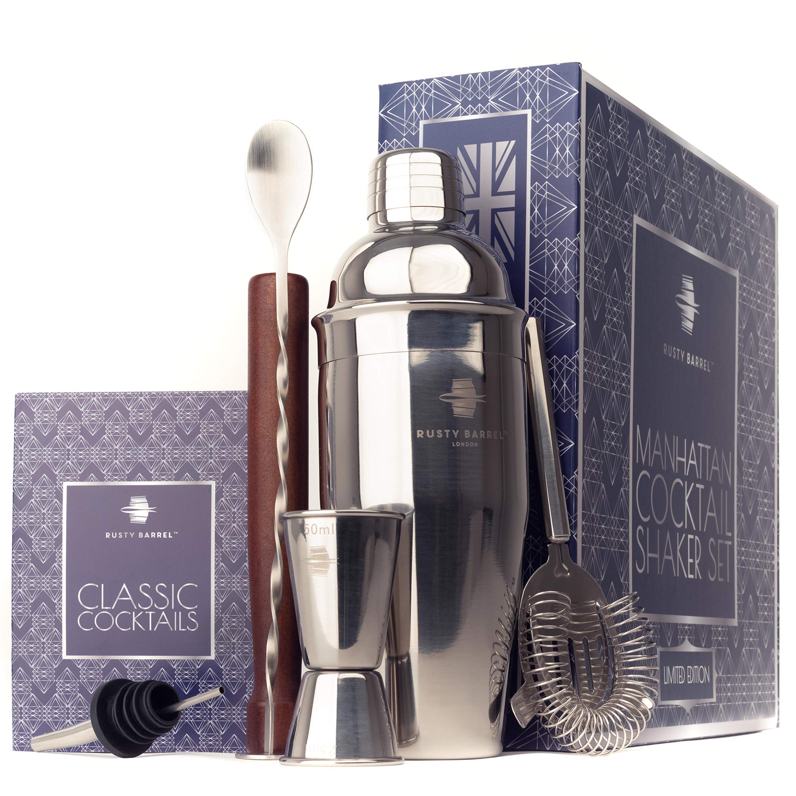 Rusty Barrel Manhattan *Limited Edition* Cocktail Making Set - Manhattan Style Stainless Steel Shaker, Muddler, Strainer, Bar Measure, Pourer, Spoon & Recipe Booklet | Presented in a Luxury Gift Box
