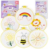 Pllieay 6PCS Embroidery Kit for Beginners, Needlepoint Kits for Beginners | with Patterns, 6.5" Embroidery Hoop, Threads, Needles, Instructions, Kids Cross Stitch Kits Supplies for Girls Boys Ages 6+