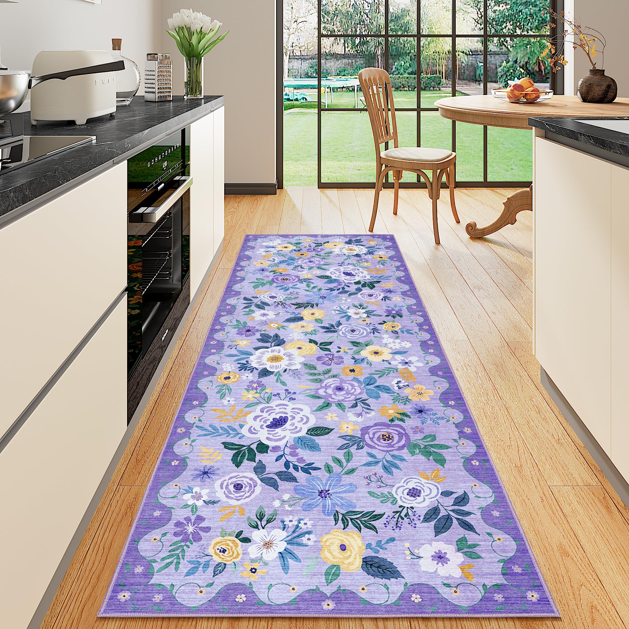 DUKINO Runner Rug, 2x10 Kitchen Hallway Carpet, Washable with Non-Slip Backing, Low Pile Soft Boho Floral for Entryway, Laundry, Bedroom, Purple Image
