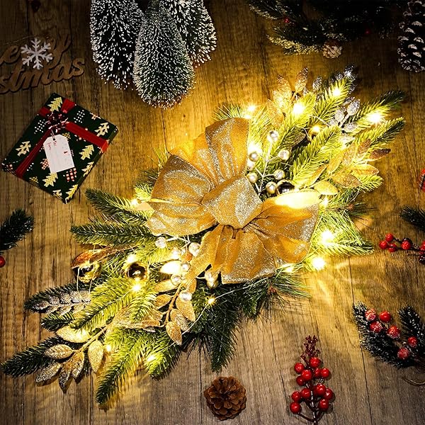 LYROW 8 PCS CHRISTMAS ARTIFICIAL SWAGS 24″ XMAS THE CORDLESS PRELIT STAIRWAY SWAG TEARDROP TRIM WREATH DOOR STAIR SWAG GARLAND CHRISTMAS SWAGS FOR OUTDOOR HOME GARDEN DECOR(GOLD,RETRO)