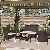 Shintenchi 4 Piece Outdoor Patio Furniture Sets, Small Wicker Patio Conversation Furniture Rattan Chair Set with Tempered Gla