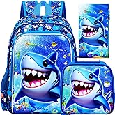 ZLYERT 16" Shark Backpack for Boy, 3Pcs School Backpacks with Lunch Box, Kids Bookbag for Elementary Preschool Kindergarten(Blue)
