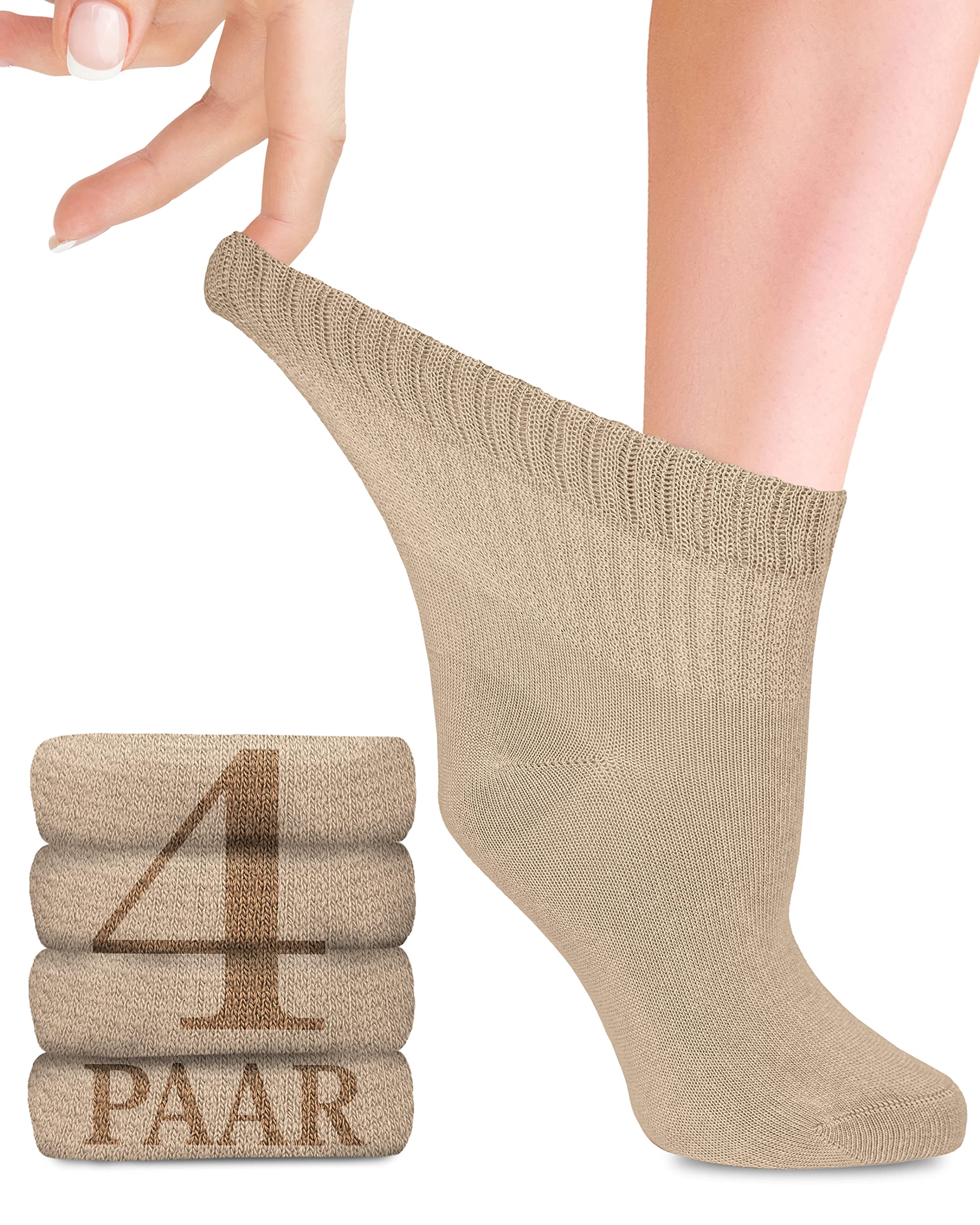 Diabetic Bamboo Socks with Lycra for Women: Ankle High Socks for Business and Leisure, Pregnant and Seniors, 4 Pairs, beige, 35-38