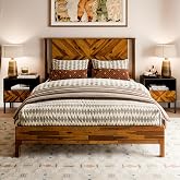 Bme Vivian 14 Inch Deluxe Bed Frame with Headboard, Rustic &amp; Scandinavian Style with Solid Acacia Wood, No Box Spring Needed, 12 Strong Wood Slat Support, Easy Assembly, Queen, Rustic Golden Brown